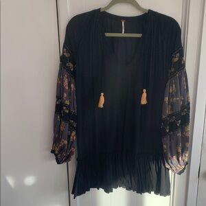 Free People Black Blouse with Floral Sleeves